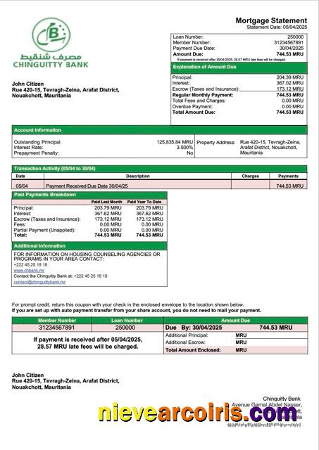 Mauritania Chinguitty Bank mortgage statement Word and PDF template